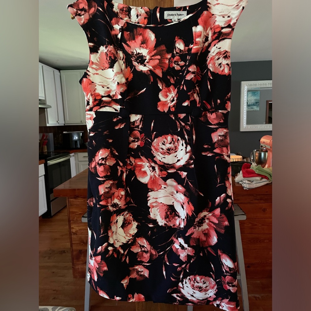 DARK Blue Multi-Color Floral Just-At-knee length Dress. WILL DRY CLEAN!